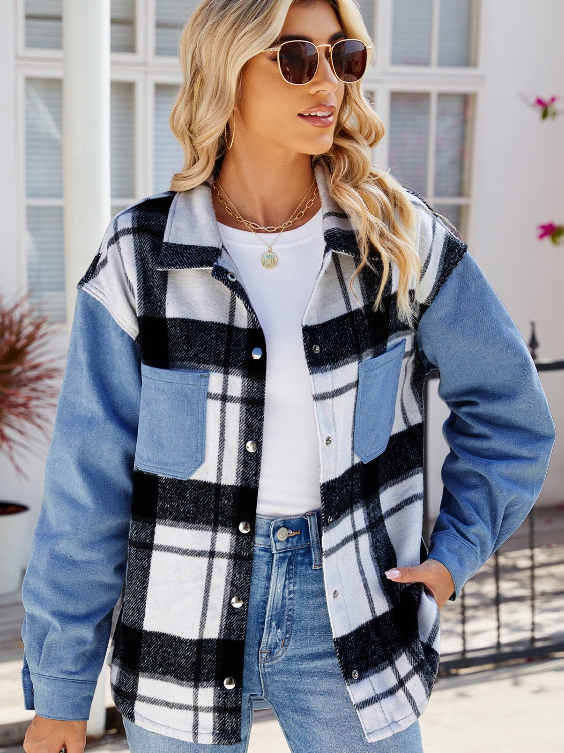 Pocketed Plaid Snap Down Denim Jacket - Rochelle's House LLC