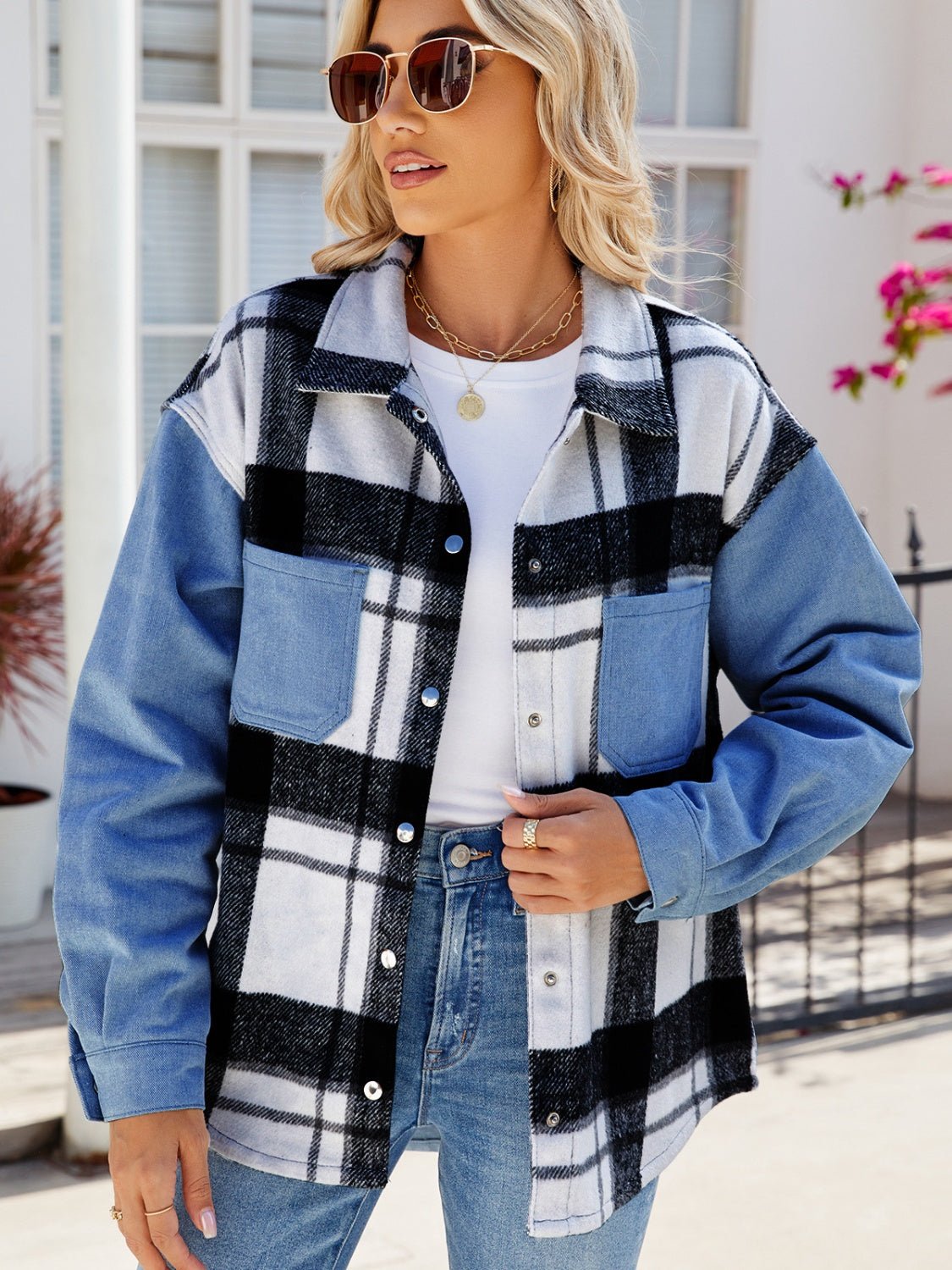 Pocketed Plaid Snap Down Denim Jacket - Rochelle's House LLC