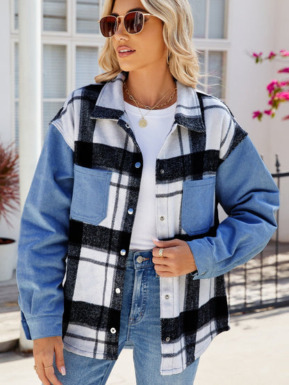 Pocketed Plaid Snap Down Denim Jacket - Rochelle's House LLC