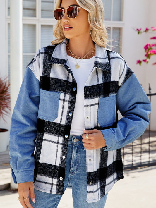 Pocketed Plaid Snap Down Denim Jacket - Rochelle's House LLC