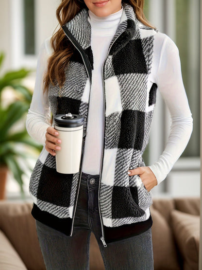 Pocketed Plaid Zip Up Vest Coat - Rochelle's House LLC