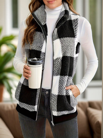 Pocketed Plaid Zip Up Vest Coat - Rochelle's House LLC