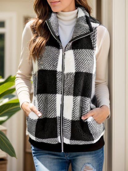 Pocketed Plaid Zip Up Vest Coat - Rochelle's House LLC