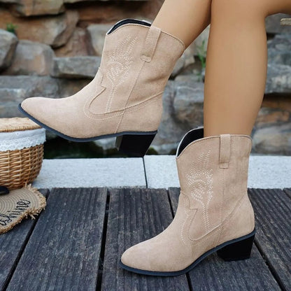 Front view of Point Toe Block Heels Boots in White showing neckline and sleeve details (pu)
