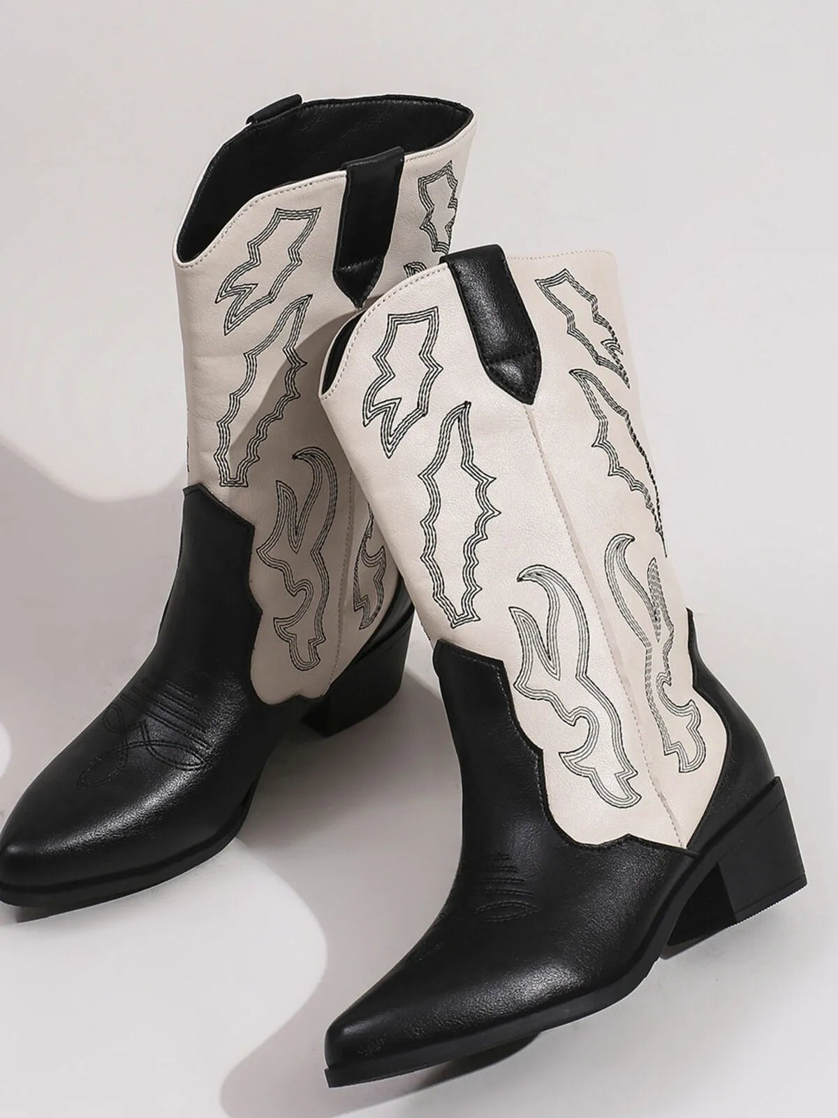 Front view of Point Toe Block Heels Boots in Black showing neckline and sleeve details (pu)