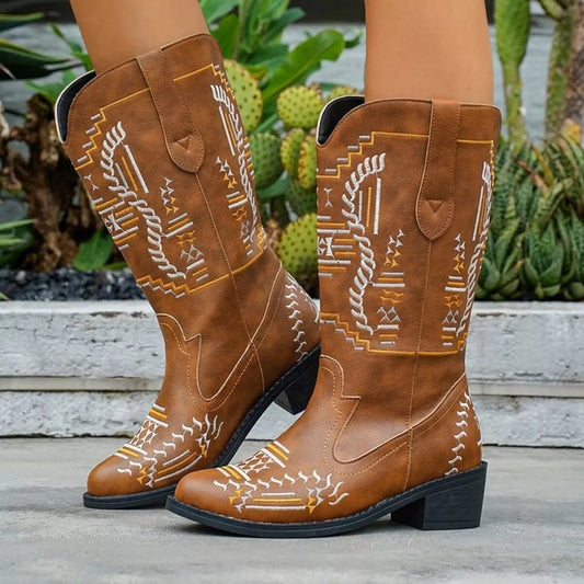Front view of Point Toe Block Heels Boots in Tan showing neckline and sleeve details (pu)