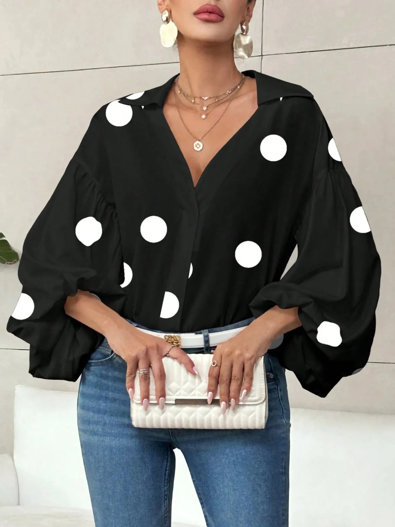 Front view of Polka Dot Balloon Sleeve Blouse in Black Polka Dots showing neckline and sleeve details