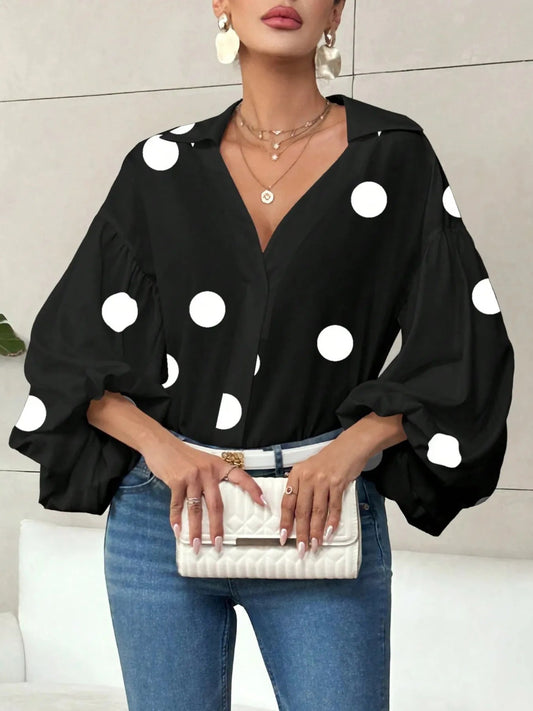 Front view of Polka Dot Balloon Sleeve Blouse in Black Polka Dots showing neckline and sleeve details