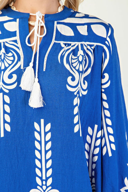 Printed 3/4 Sleeve Dress With Tassel Tie And Fringe Detail On Hem - Rochelle's House LLC