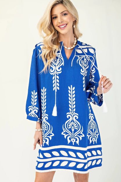 Printed 3/4 Sleeve Dress With Tassel Tie And Fringe Detail On Hem - Rochelle's House LLC