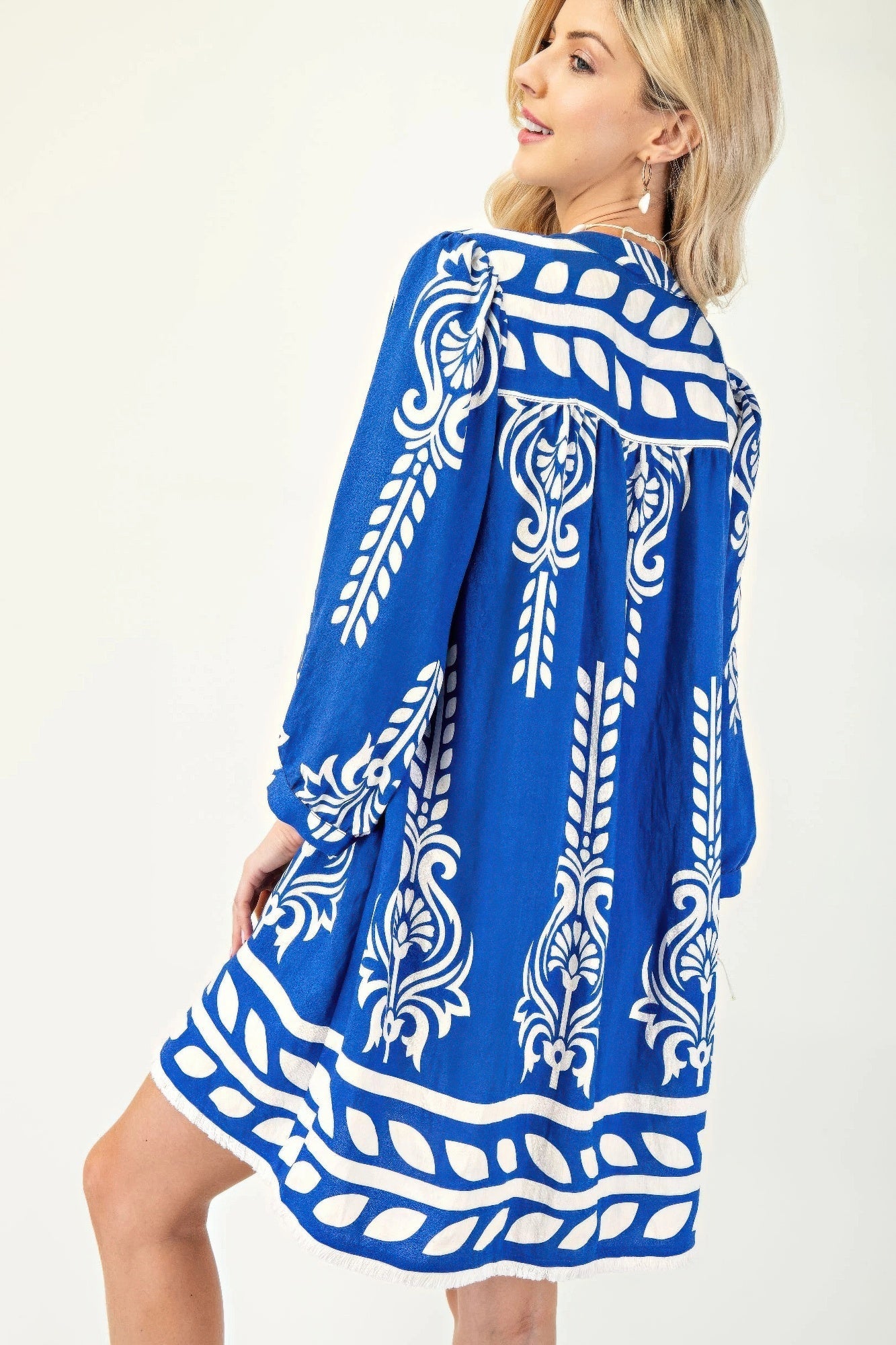 Printed 3/4 Sleeve Dress With Tassel Tie And Fringe Detail On Hem - Rochelle's House LLC