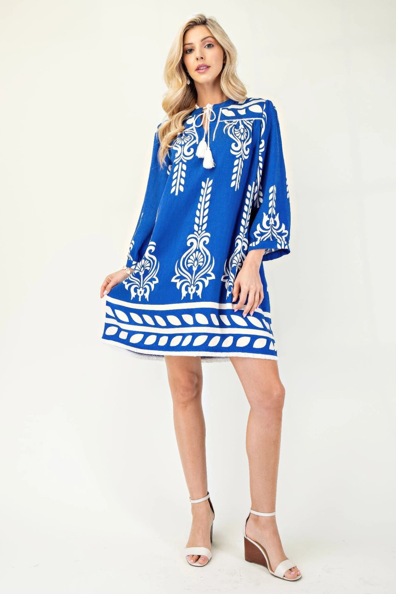 Printed 3/4 Sleeve Dress With Tassel Tie And Fringe Detail On Hem - Rochelle's House LLC
