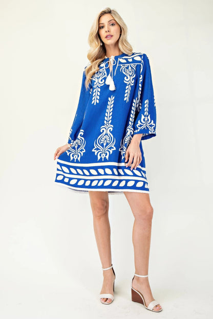 Printed 3/4 Sleeve Dress With Tassel Tie And Fringe Detail On Hem - Rochelle's House LLC