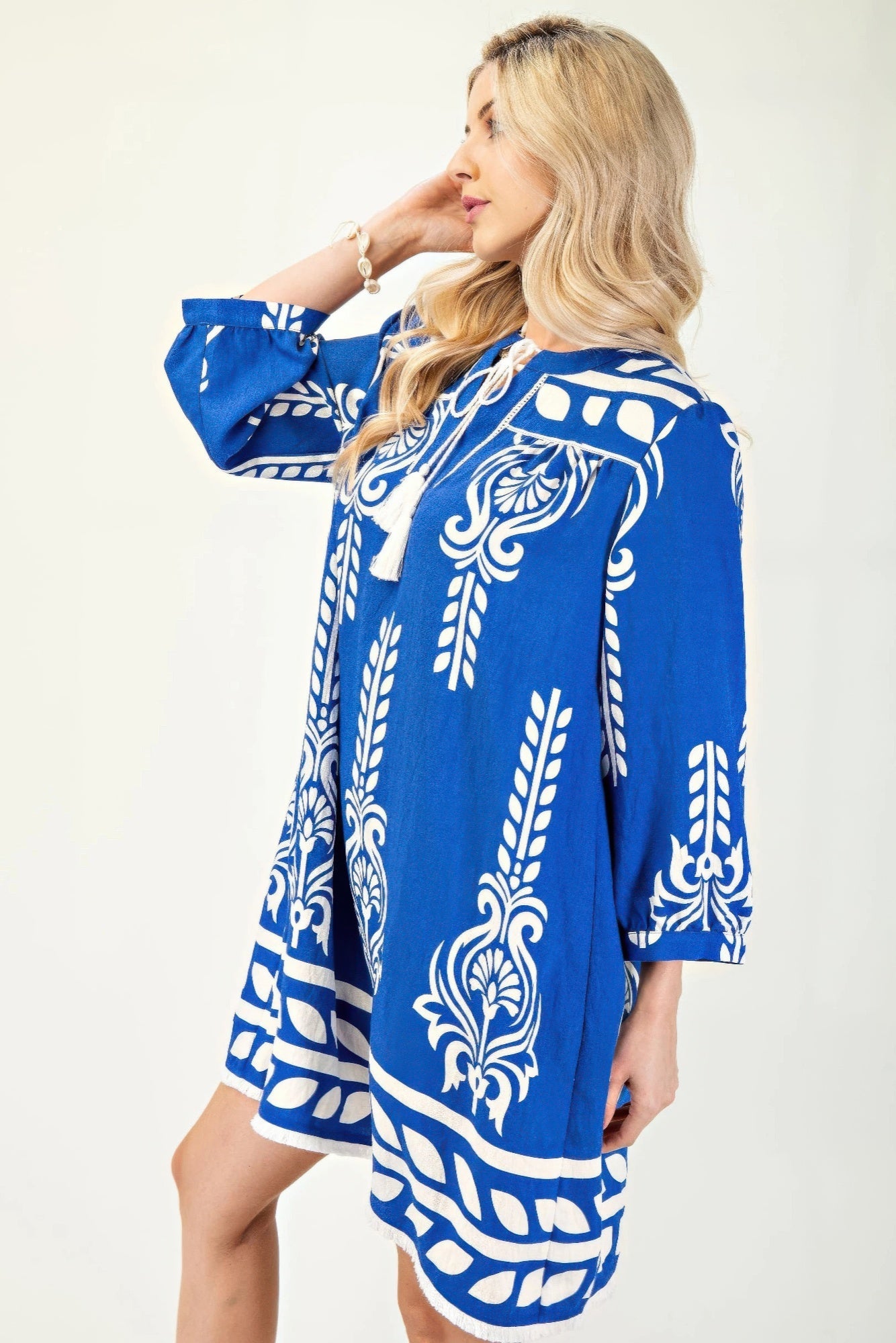 Printed 3/4 Sleeve Dress With Tassel Tie And Fringe Detail On Hem - Rochelle's House LLC
