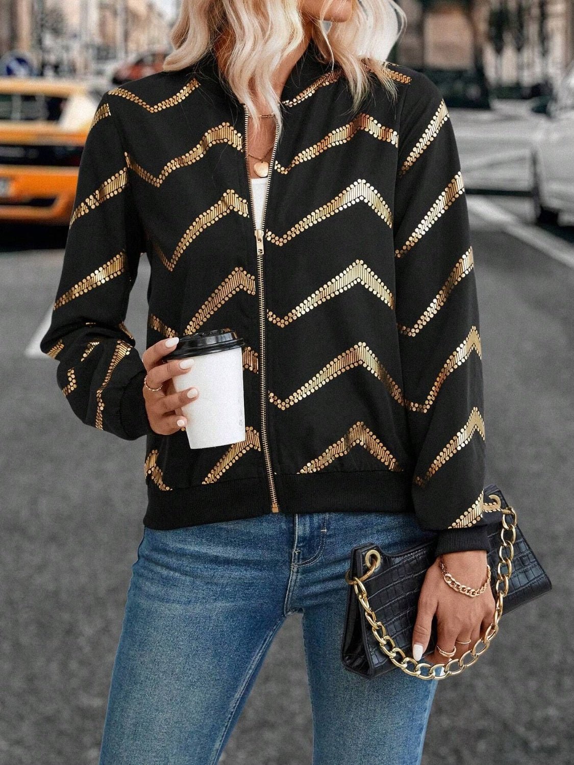 Printed Baseball Collar Zip Up Jacket - Rochelle's House LLC