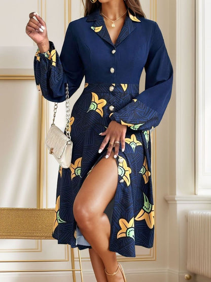 Printed Collared Neck Long Sleeve Dress - Rochelle's House LLC