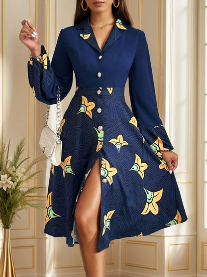 Printed Collared Neck Long Sleeve Dress - Rochelle's House LLC