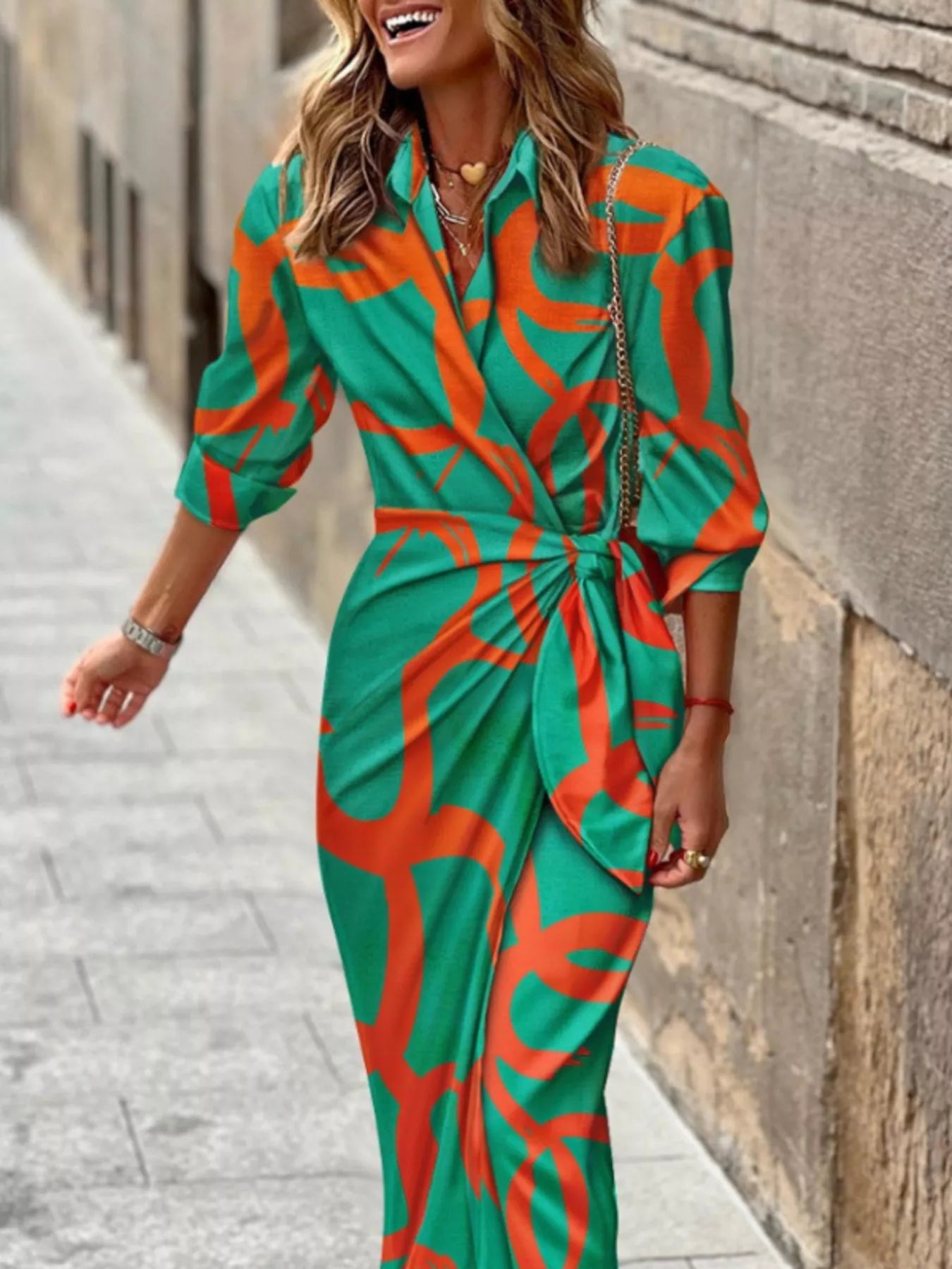 Front view of Printed Collared Neck Shirt Dress in Green showing neckline and sleeve details