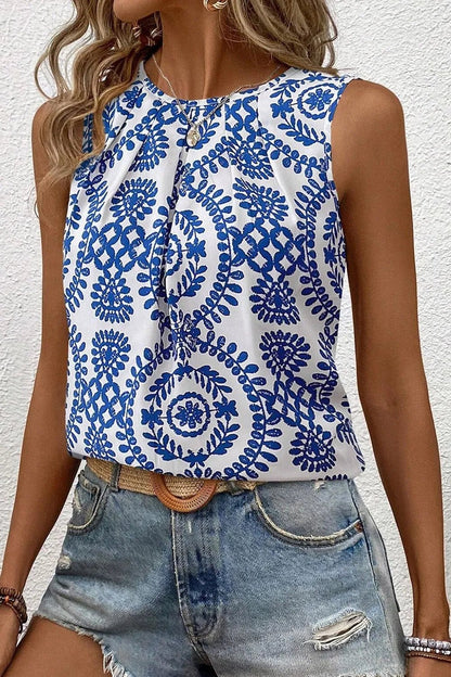 Front view of Printed Crew Neck Sleeveless Top in Blue showing neckline and sleeve details