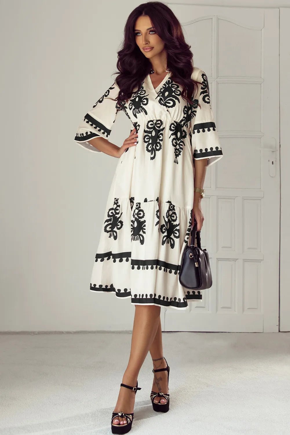 Printed Half Sleeve Knee Length Dress - Rochelle's House LLC