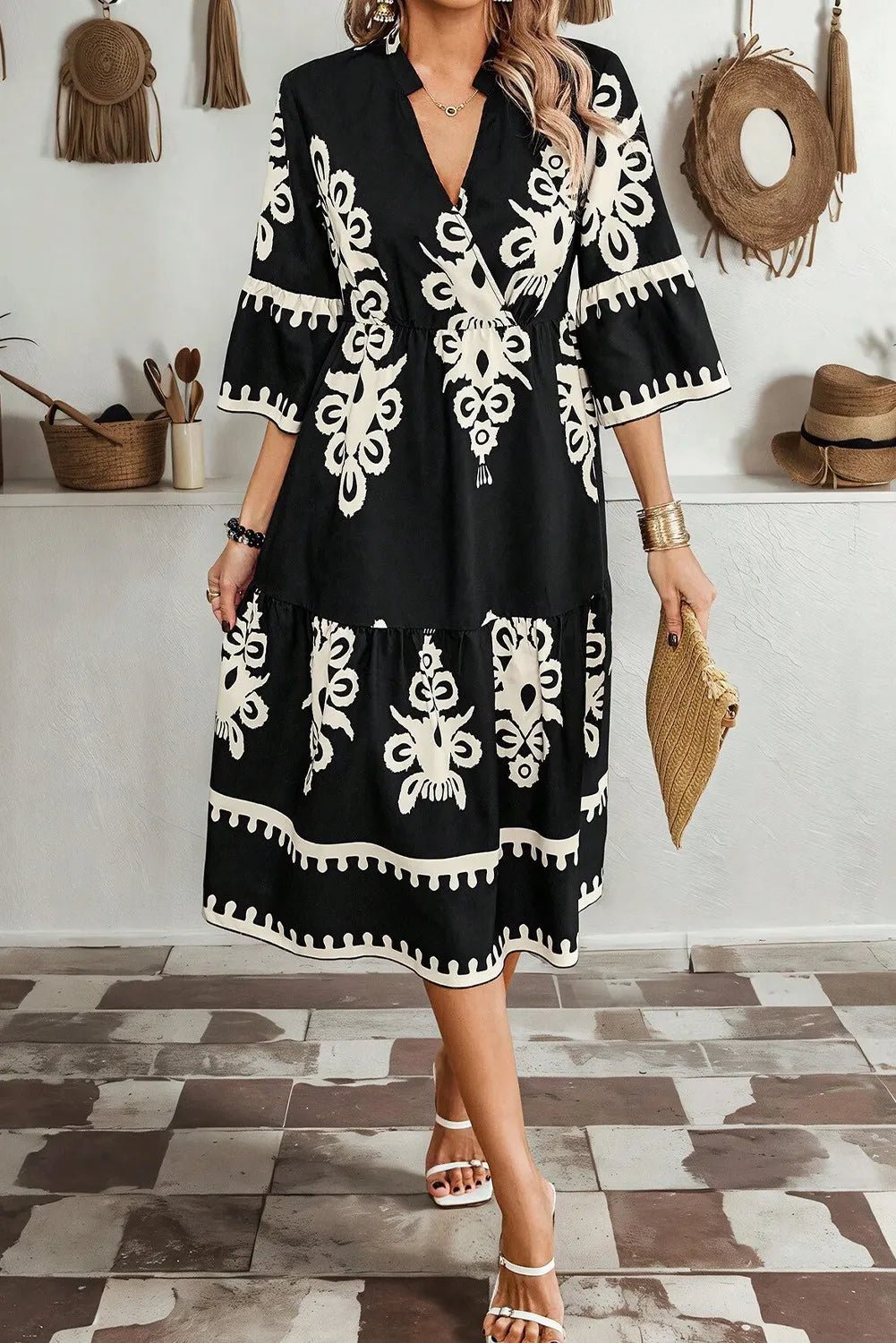 Printed Half Sleeve Knee Length Dress - Rochelle's House LLC