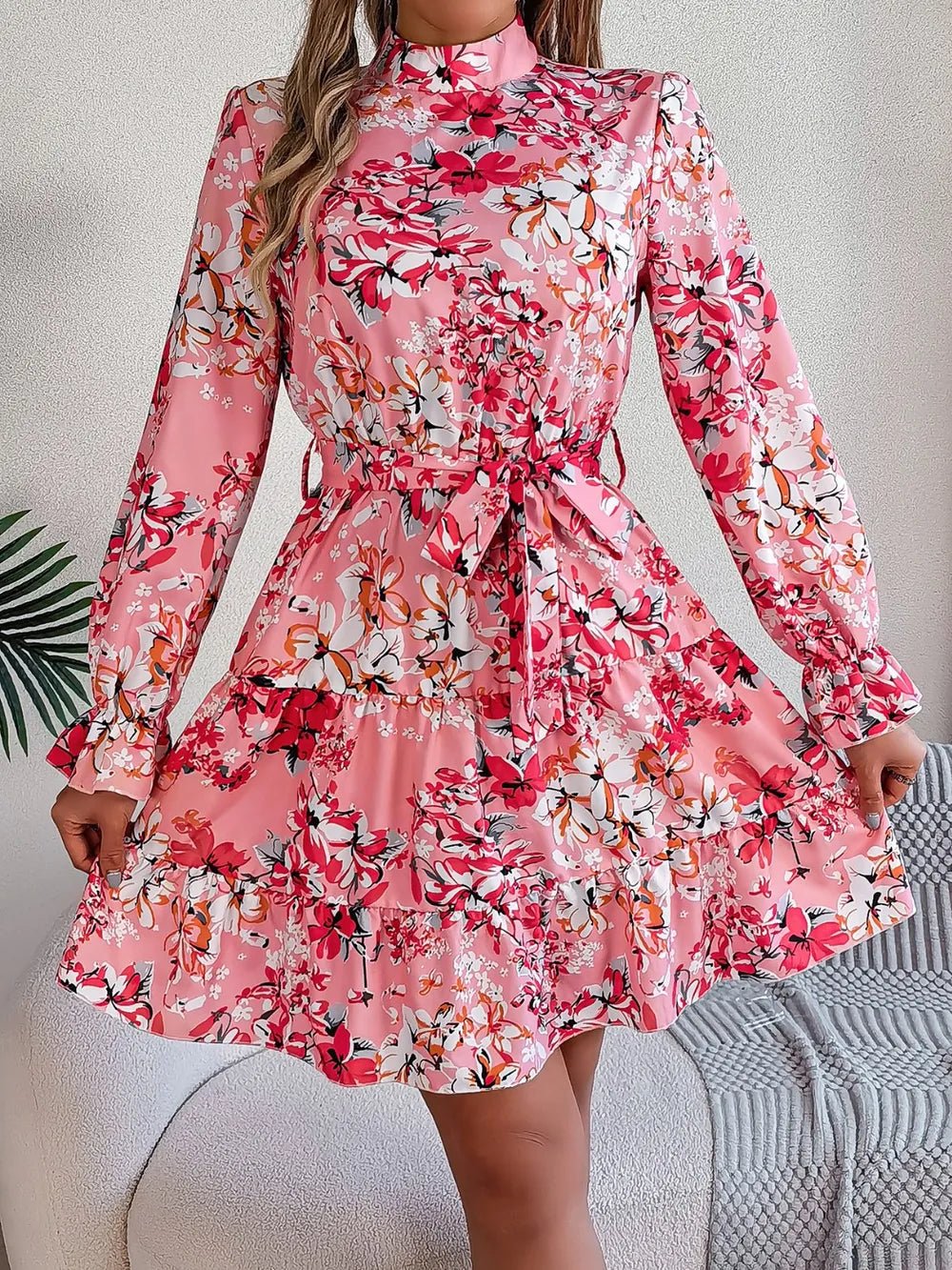 Front view of Printed Mock Neck Flounce Sleeve Mini Dress in Deep Rose showing neckline and sleeve details