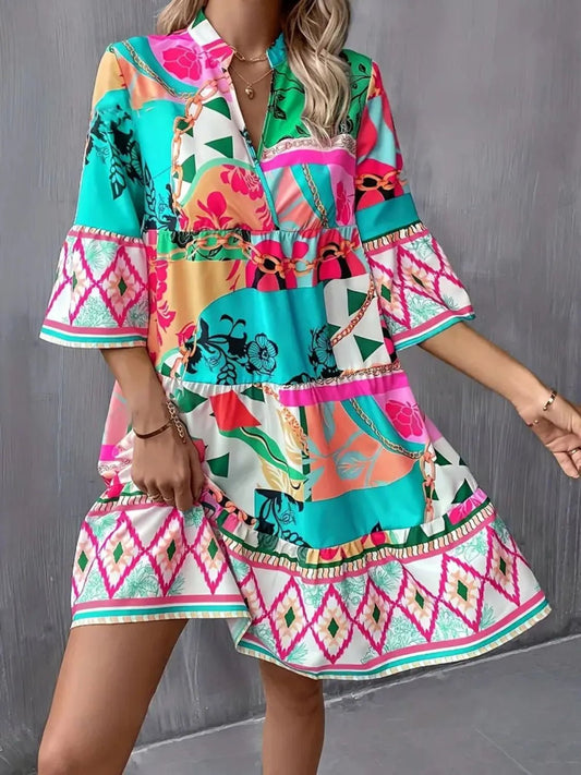 Printed Notched 3/4 Sleeve Tiered Dress - Rochelle's House LLC