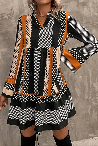 Front view of Printed Notched Long Sleeve Mini Dress in Orange showing neckline and sleeve details