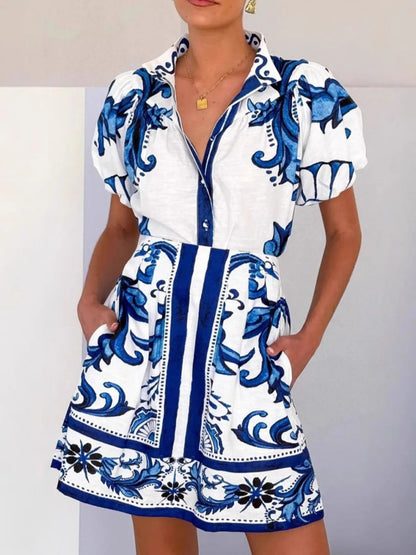 Front view of Printed Puff Sleeve Top and Skirt Set in Blue showing neckline and sleeve details