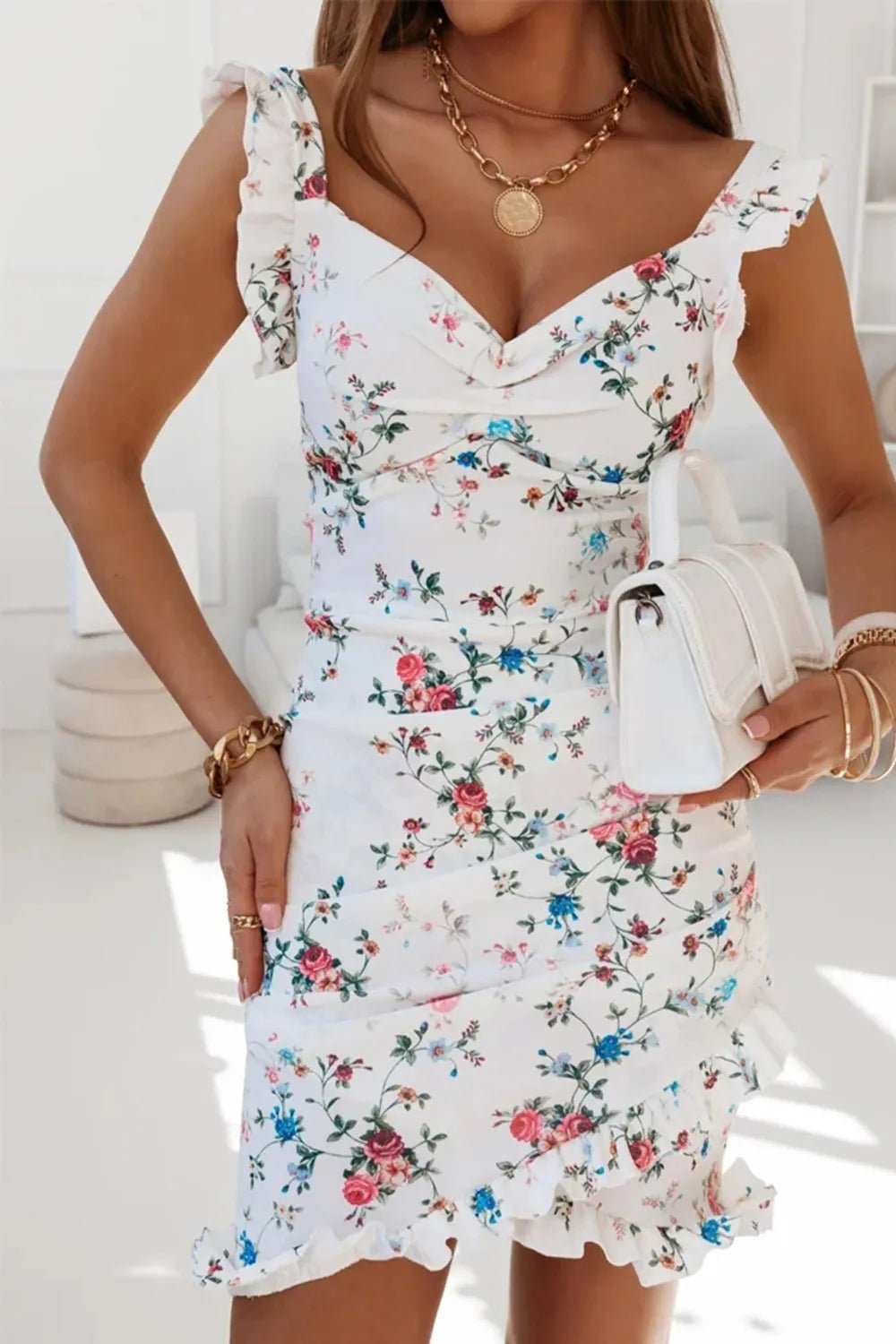 Front view of Printed Ruffled Sweetheart Neck Mini Dress in White showing neckline and sleeve details (95% polyester and)