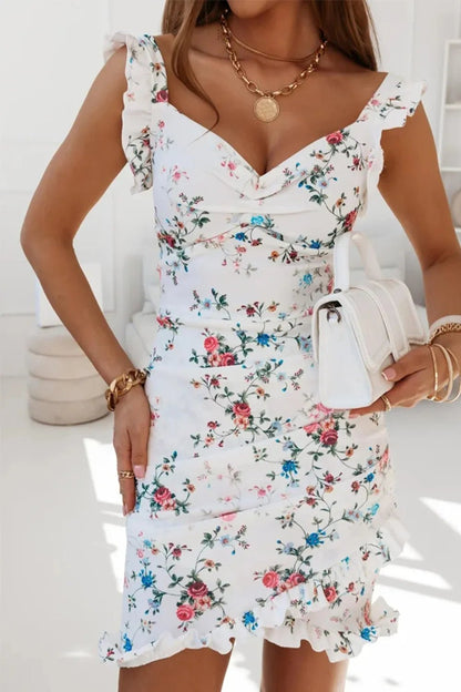 Front view of Printed Ruffled Sweetheart Neck Mini Dress in White showing neckline and sleeve details (95% polyester and)