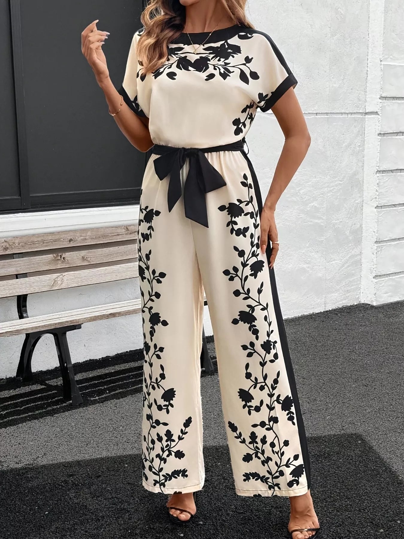 Printed Short Sleeve Wide Leg Jumpsuit - Rochelle's House LLC