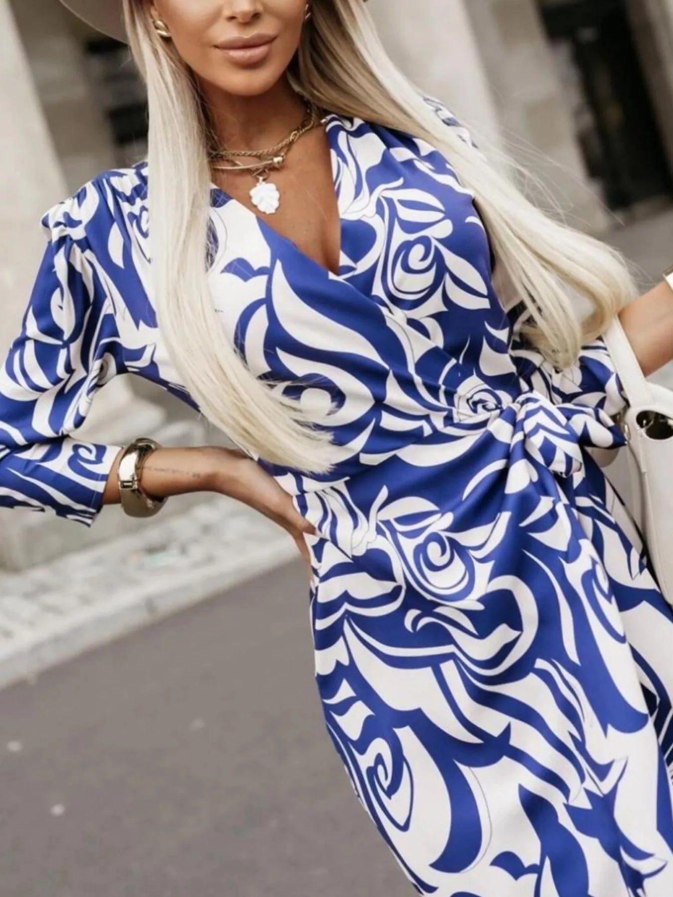 Printed Surplice Long Sleeve Wrap Dress - Rochelle's House LLC