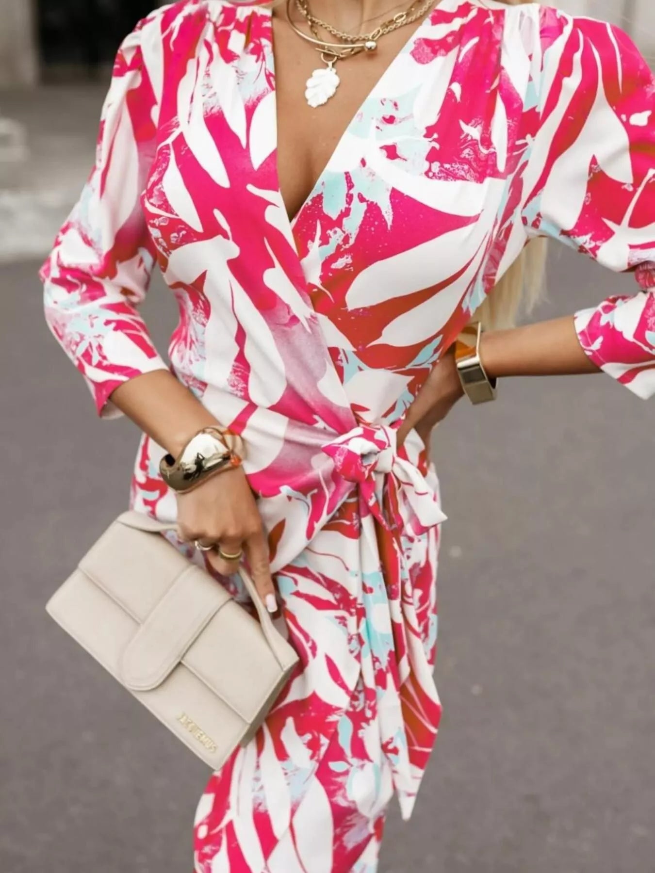 Printed Surplice Long Sleeve Wrap Dress - Rochelle's House LLC