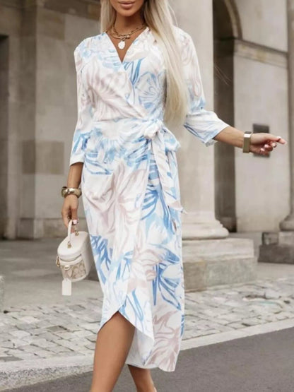 Printed Surplice Long Sleeve Wrap Dress - Rochelle's House LLC