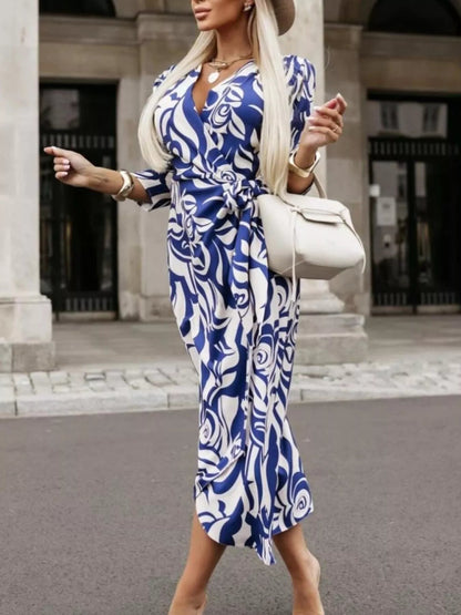 Printed Surplice Long Sleeve Wrap Dress - Rochelle's House LLC