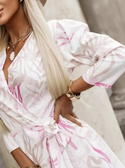 Printed Surplice Long Sleeve Wrap Dress - Rochelle's House LLC