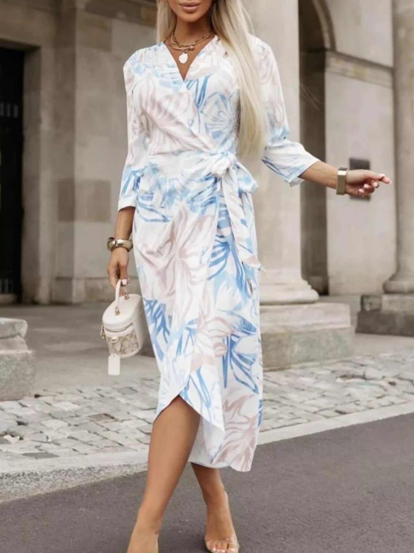 Printed Surplice Long Sleeve Wrap Dress - Rochelle's House LLC