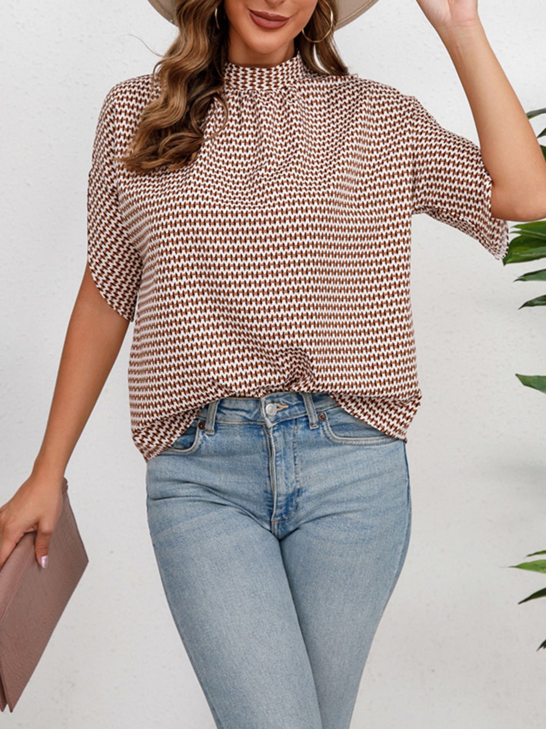 Printed Tie Neck Half Sleeve Blouse - Rochelle's House LLC