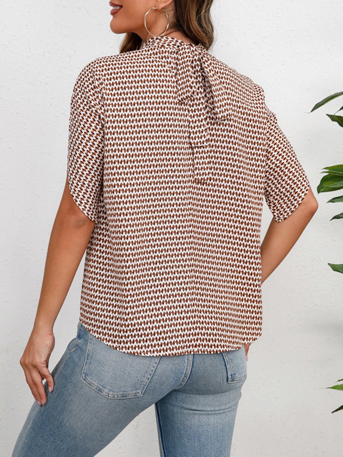 Printed Tie Neck Half Sleeve Blouse - Rochelle's House LLC