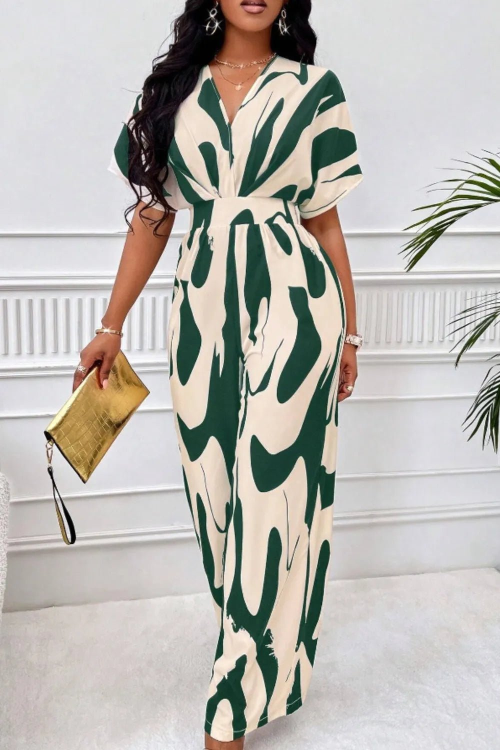 Printed V - Neck Short Sleeve Wide Leg Jumpsuit - Rochelle's House LLC