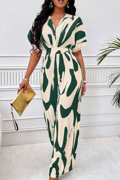 Printed V - Neck Short Sleeve Wide Leg Jumpsuit - Rochelle's House LLC