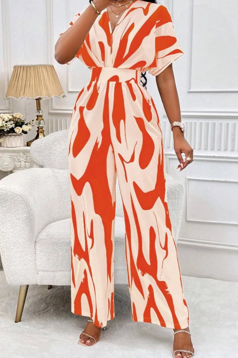 Printed V - Neck Short Sleeve Wide Leg Jumpsuit - Rochelle's House LLC