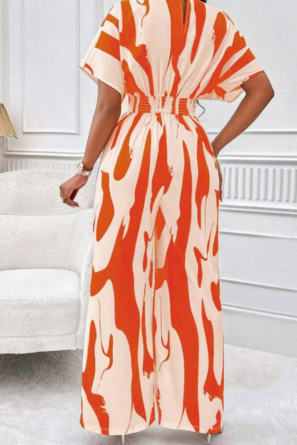 Printed V - Neck Short Sleeve Wide Leg Jumpsuit - Rochelle's House LLC