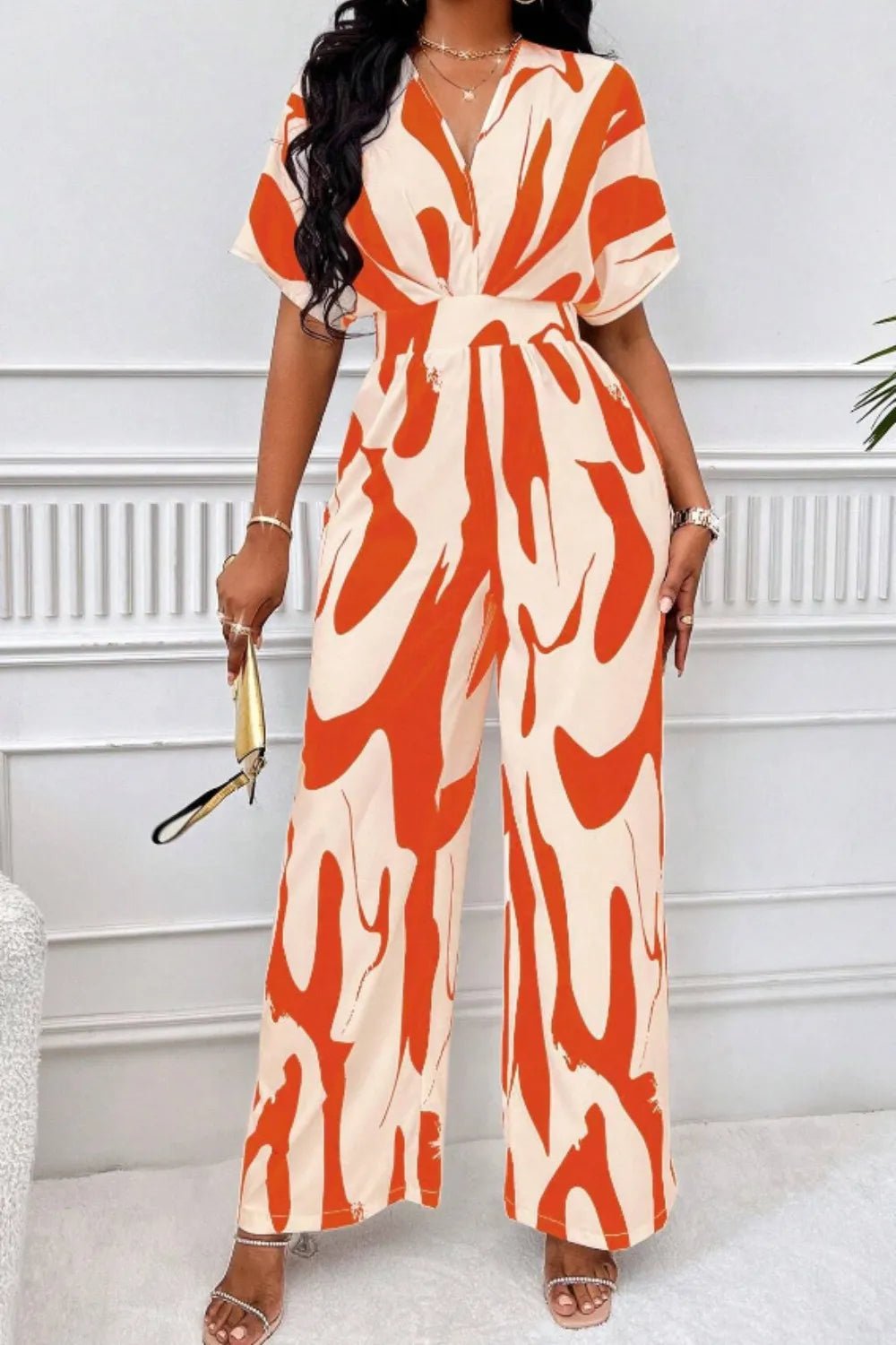 Printed V - Neck Short Sleeve Wide Leg Jumpsuit - Rochelle's House LLC