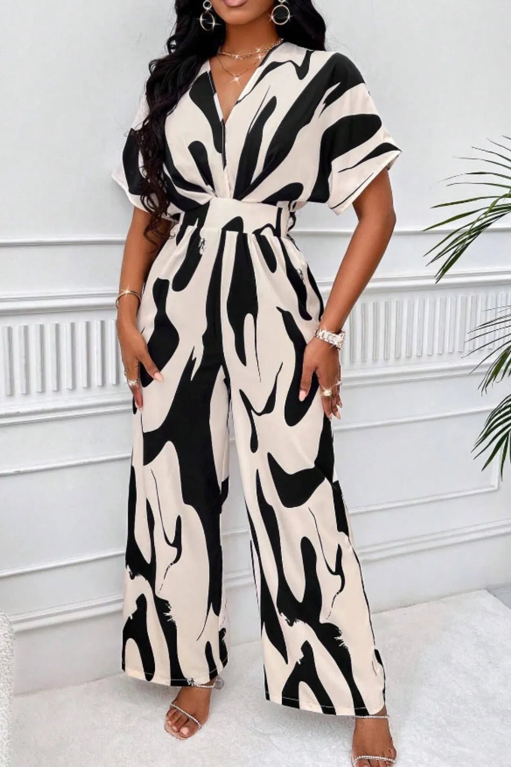 Printed V - Neck Short Sleeve Wide Leg Jumpsuit - Rochelle's House LLC