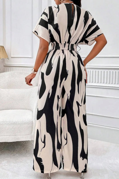 Printed V - Neck Short Sleeve Wide Leg Jumpsuit - Rochelle's House LLC