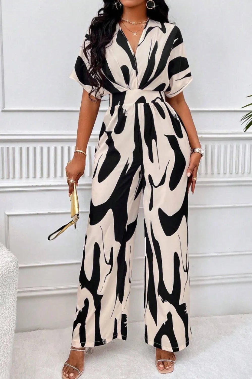 Printed V - Neck Short Sleeve Wide Leg Jumpsuit - Rochelle's House LLC