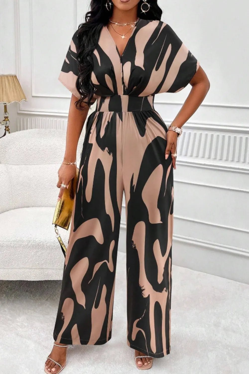 Printed V - Neck Short Sleeve Wide Leg Jumpsuit - Rochelle's House LLC