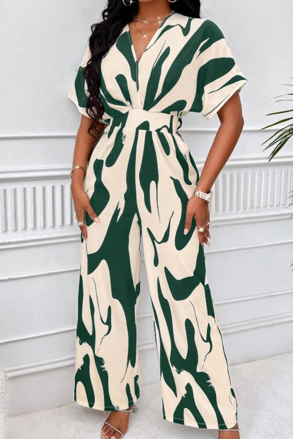 Printed V - Neck Short Sleeve Wide Leg Jumpsuit - Rochelle's House LLC